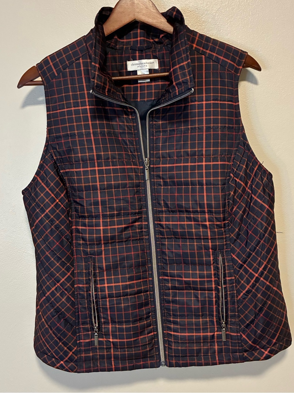 Christopher & Banks quilted puffer vest,  plaid. Size Med-Petite (Fits like a S)